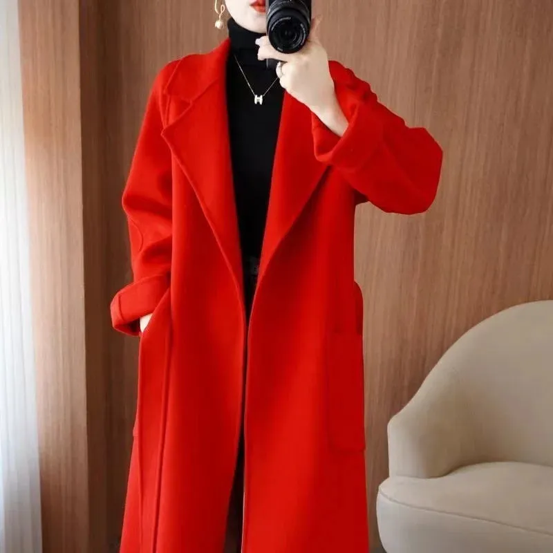 2024 Women’s 100% Wool Coat – Elegant Double-Sided Cashmere Long Overcoat