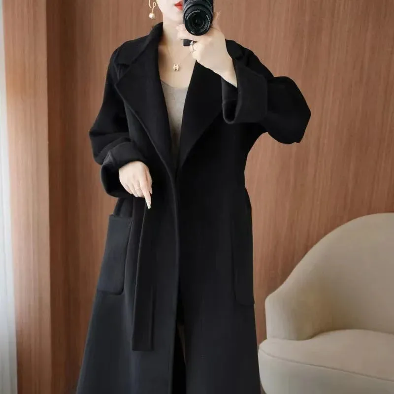 2024 Women’s 100% Wool Coat – Elegant Double-Sided Cashmere Long Overcoat