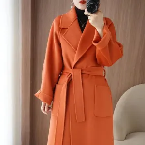 2024 Women’s 100% Wool Coat – Elegant Double-Sided Cashmere Long Overcoat