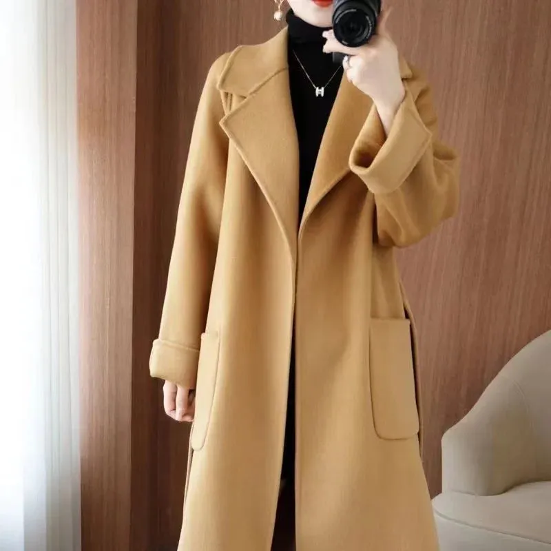 2024 Women’s 100% Wool Coat – Elegant Double-Sided Cashmere Long Overcoat
