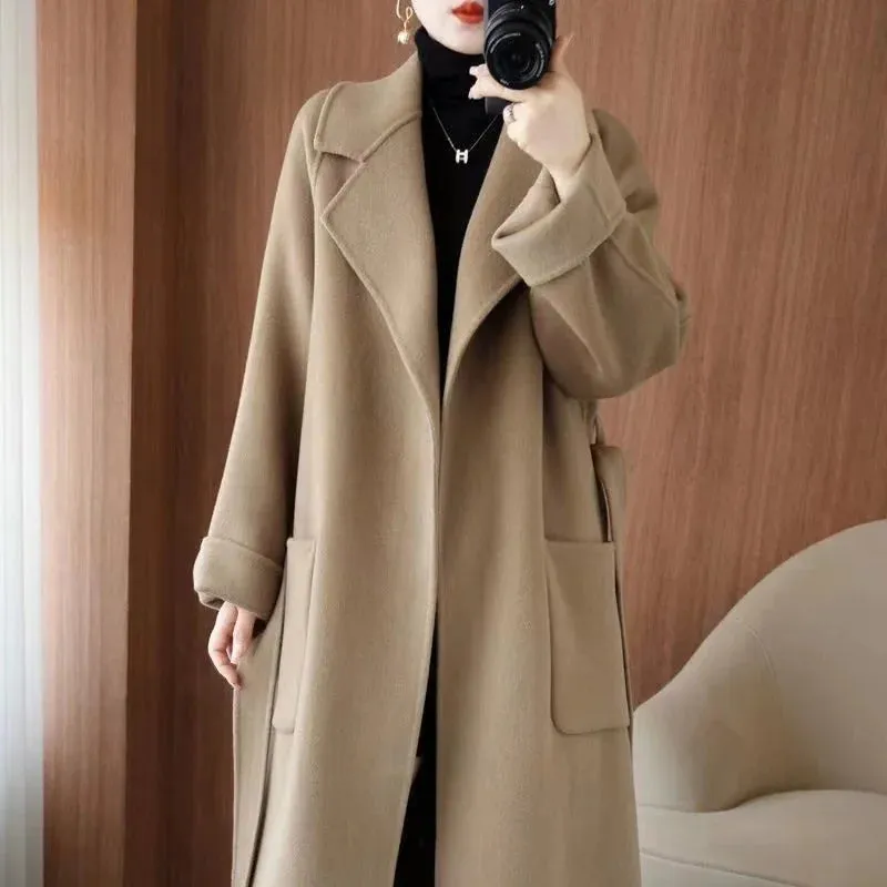 2024 Women’s 100% Wool Coat – Elegant Double-Sided Cashmere Long Overcoat