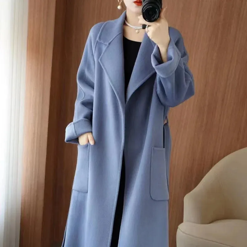 2024 Women’s 100% Wool Coat – Elegant Double-Sided Cashmere Long Overcoat