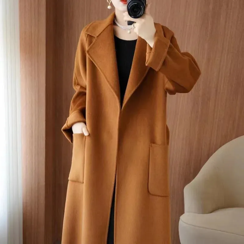 2024 Women’s 100% Wool Coat – Elegant Double-Sided Cashmere Long Overcoat