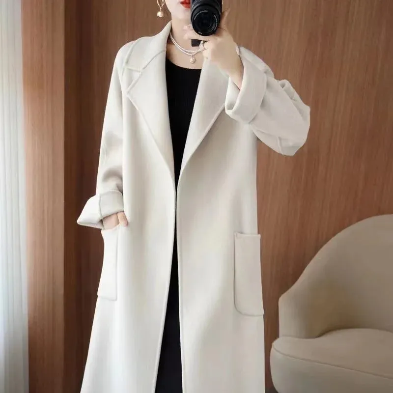 2024 Women’s 100% Wool Coat – Elegant Double-Sided Cashmere Long Overcoat