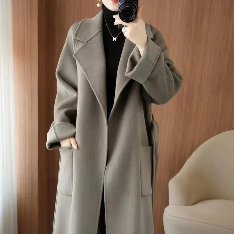 2024 Women’s 100% Wool Coat – Elegant Double-Sided Cashmere Long Overcoat