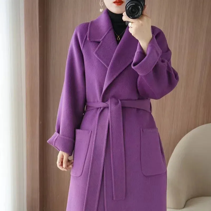 2024 Women’s 100% Wool Coat – Elegant Double-Sided Cashmere Long Overcoat