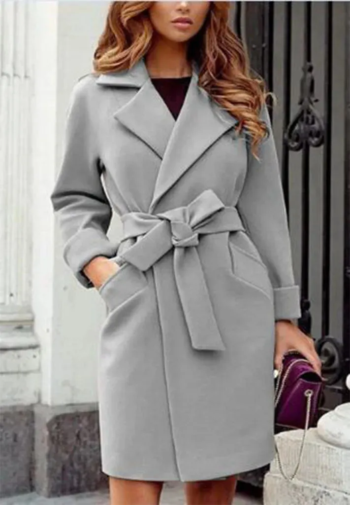 2025 Autumn and Winter Women's Fashionable Slim Fit Temperament Woolen Coat, Suit Collar Belt Slim Tie Long-sleeved Woolen Coat
