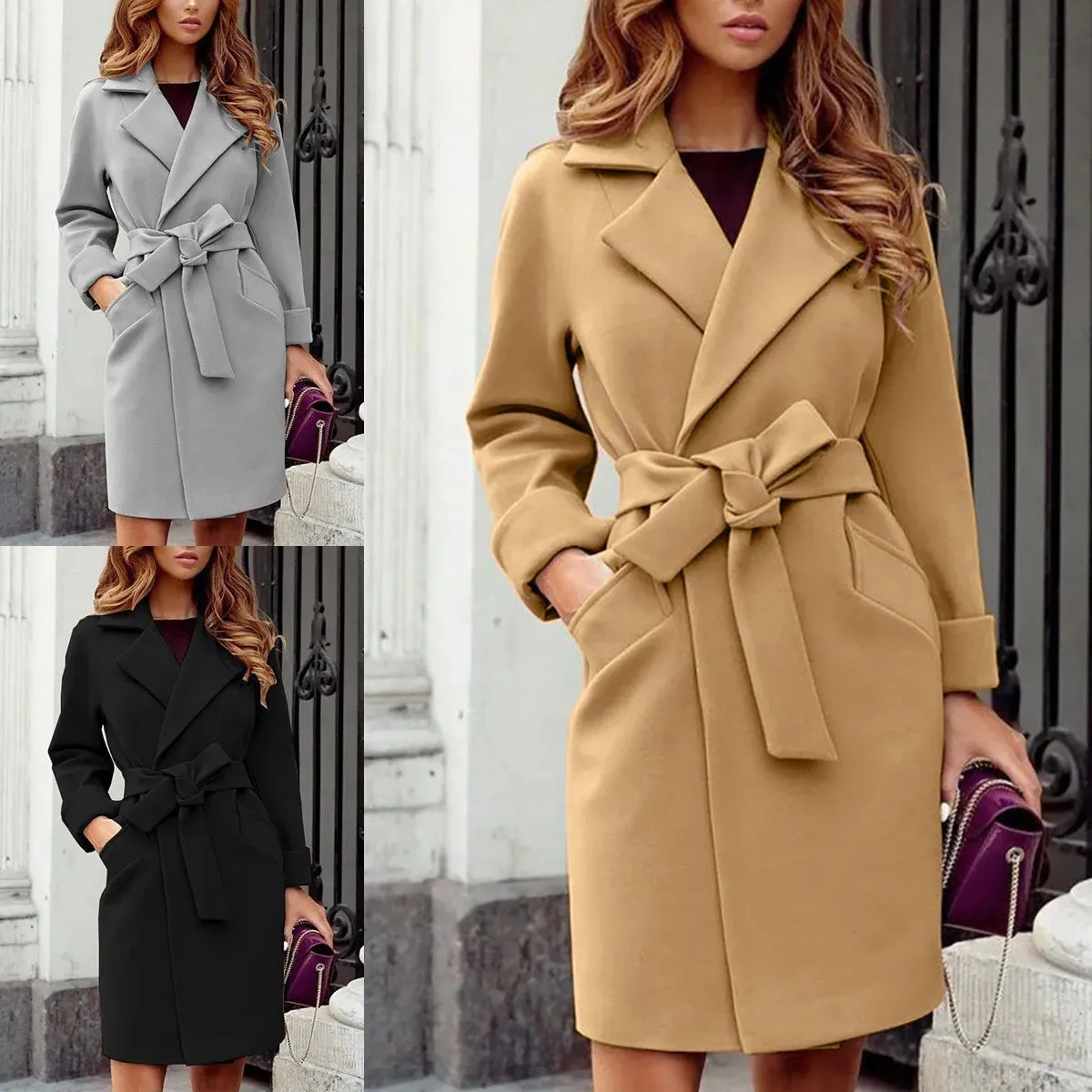 2025 Autumn and Winter Women's Fashionable Slim Fit Temperament Woolen Coat, Suit Collar Belt Slim Tie Long-sleeved Woolen Coat