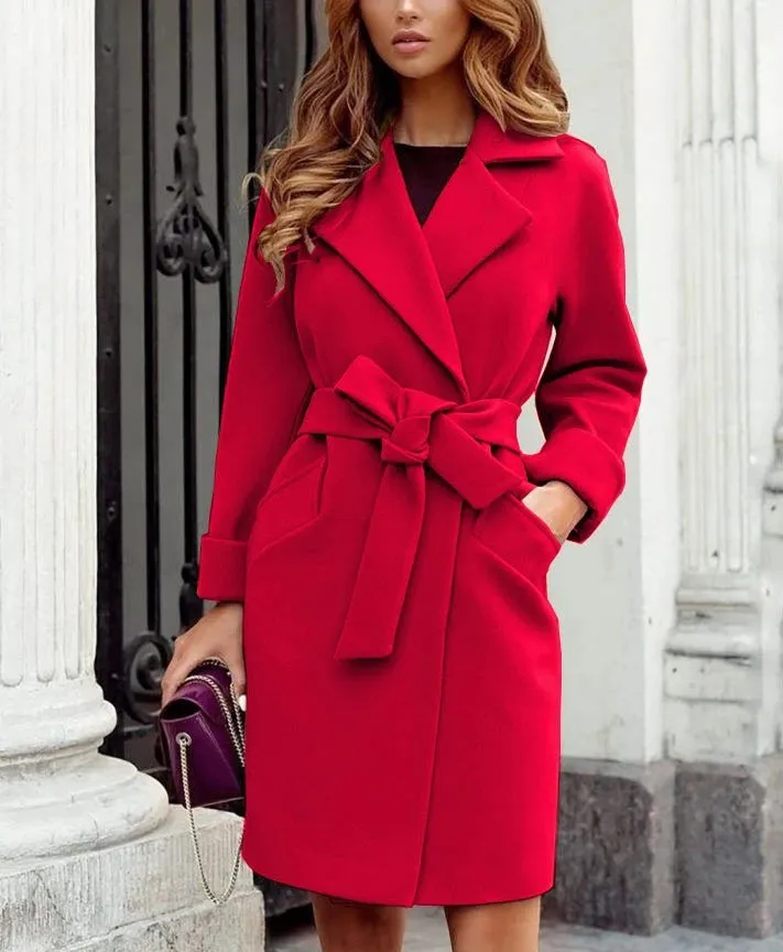 2025 Autumn and Winter Women's Fashionable Slim Fit Temperament Woolen Coat, Suit Collar Belt Slim Tie Long-sleeved Woolen Coat
