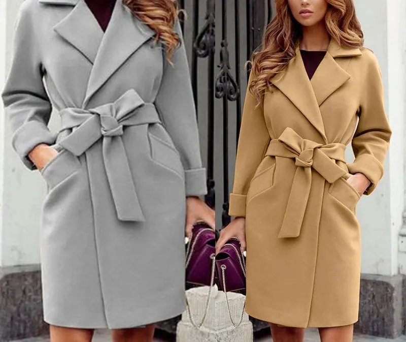 2025 Autumn and Winter Women's Fashionable Slim Fit Temperament Woolen Coat, Suit Collar Belt Slim Tie Long-sleeved Woolen Coat