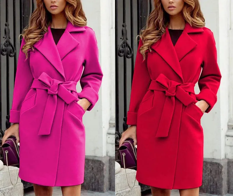 2025 Autumn and Winter Women's Fashionable Slim Fit Temperament Woolen Coat, Suit Collar Belt Slim Tie Long-sleeved Woolen Coat