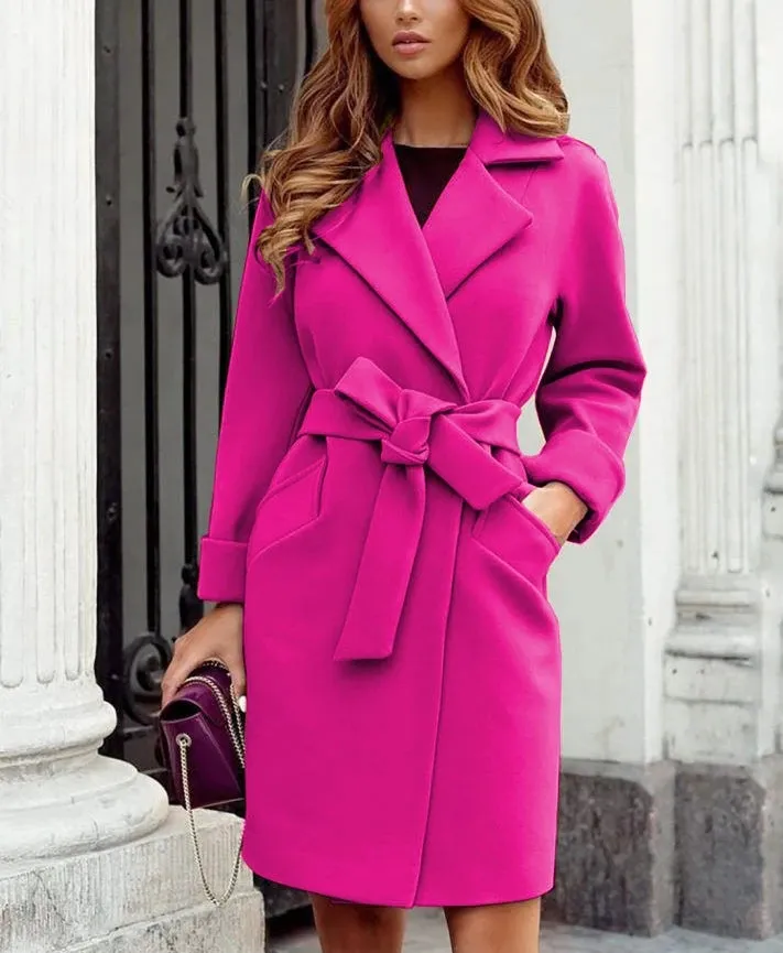 2025 Autumn and Winter Women's Fashionable Slim Fit Temperament Woolen Coat, Suit Collar Belt Slim Tie Long-sleeved Woolen Coat