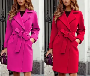 2025 Autumn and Winter Women's Fashionable Slim Fit Temperament Woolen Coat, Suit Collar Belt Slim Tie Long-sleeved Woolen Coat