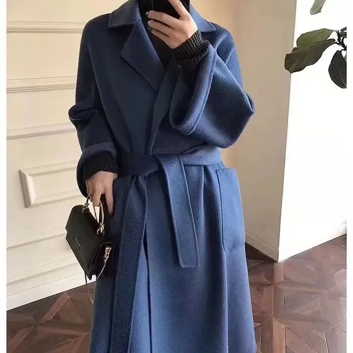 2025 High-End Water Ripple Double-Sided Wool Coat for Women – Long Bathrobe Style