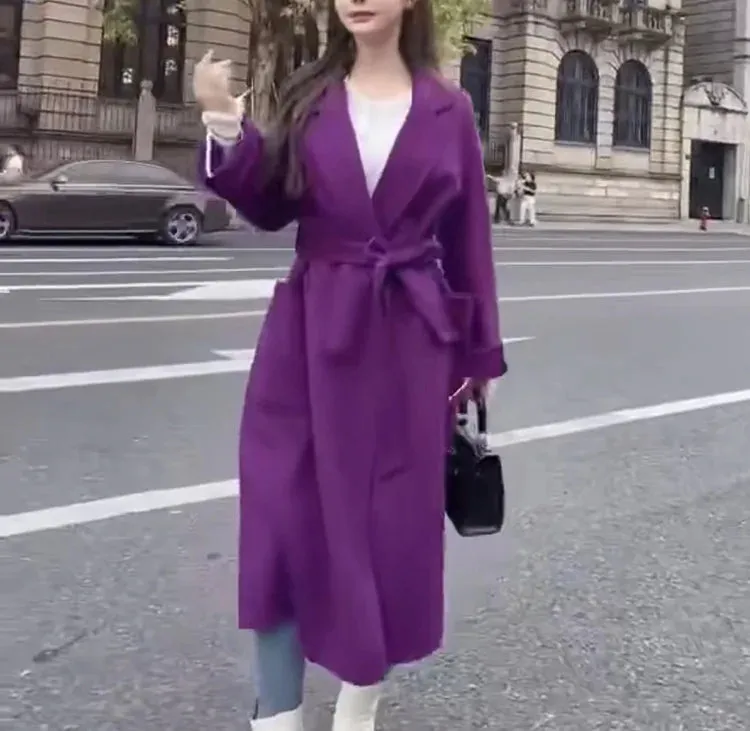 2025 High-End Water Ripple Double-Sided Wool Coat for Women – Long Bathrobe Style