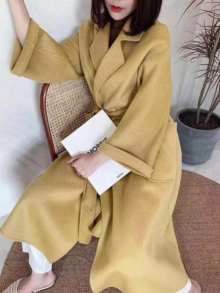 2025 High-End Water Ripple Double-Sided Wool Coat for Women – Long Bathrobe Style