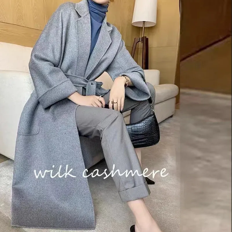 2025 High-End Water Ripple Double-Sided Wool Coat for Women – Long Bathrobe Style