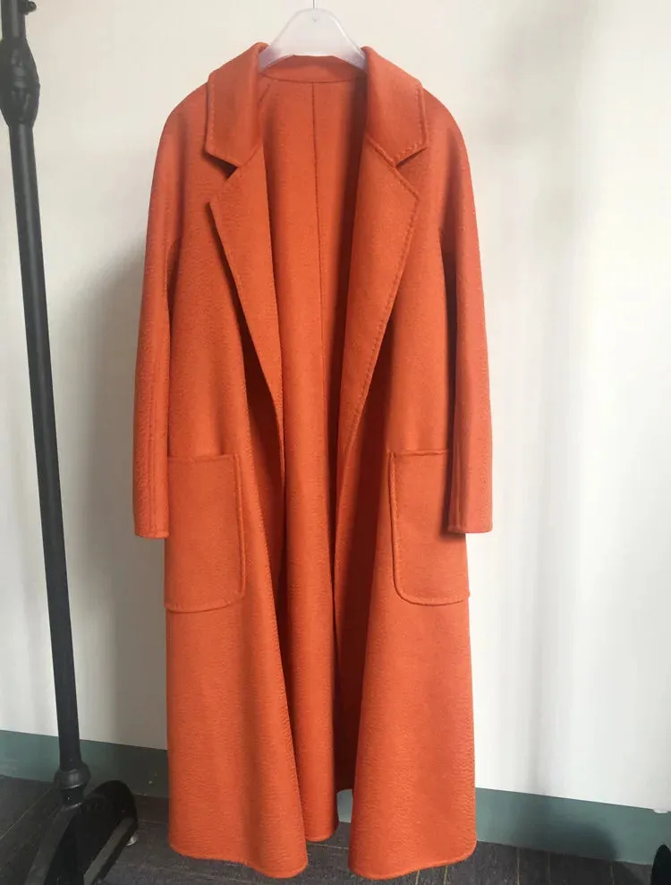 2025 High-End Water Ripple Double-Sided Wool Coat for Women – Long Bathrobe Style