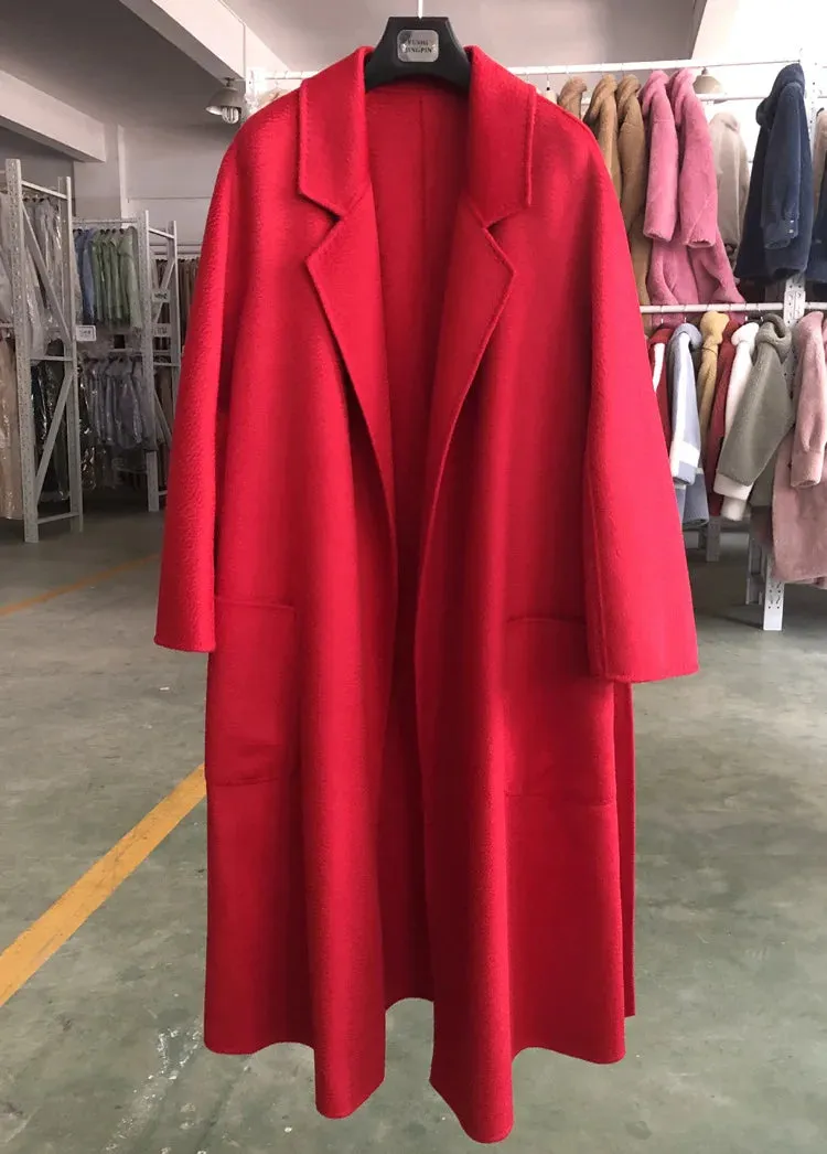 2025 High-End Water Ripple Double-Sided Wool Coat for Women – Long Bathrobe Style