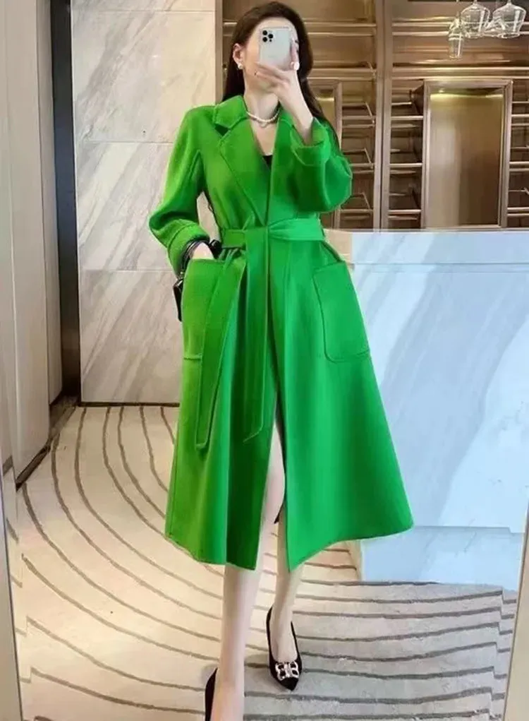 2025 High-End Water Ripple Double-Sided Wool Coat for Women – Long Bathrobe Style