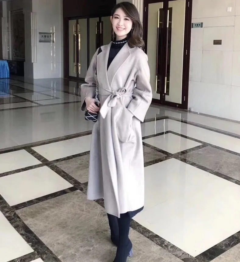 2025 High-End Water Ripple Double-Sided Wool Coat for Women – Long Bathrobe Style