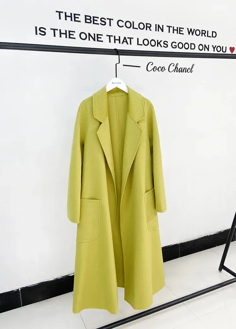 2025 High-End Water Ripple Double-Sided Wool Coat for Women – Long Bathrobe Style