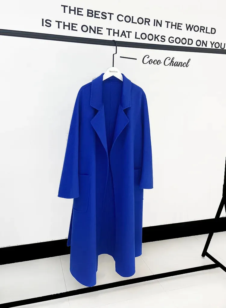 2025 High-End Water Ripple Double-Sided Wool Coat for Women – Long Bathrobe Style