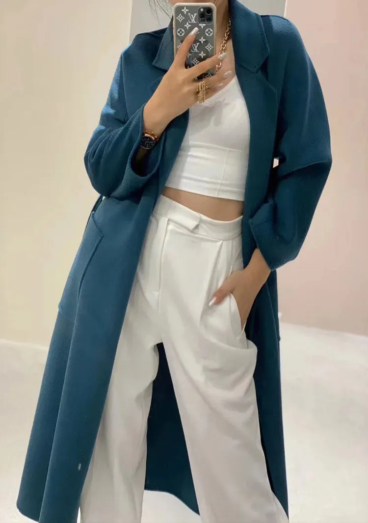 2025 High-End Water Ripple Double-Sided Wool Coat for Women – Long Bathrobe Style