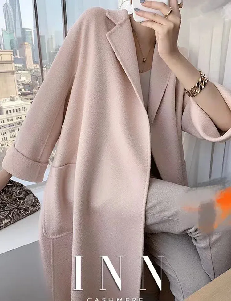 2025 High-End Water Ripple Double-Sided Wool Coat for Women – Long Bathrobe Style