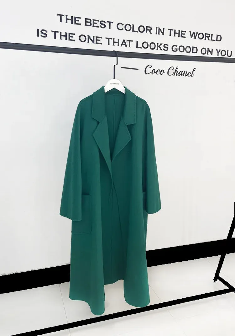 2025 High-End Water Ripple Double-Sided Wool Coat for Women – Long Bathrobe Style
