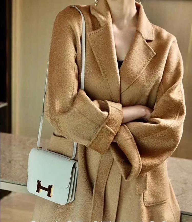 2025 High-End Water Ripple Double-Sided Wool Coat for Women – Long Bathrobe Style