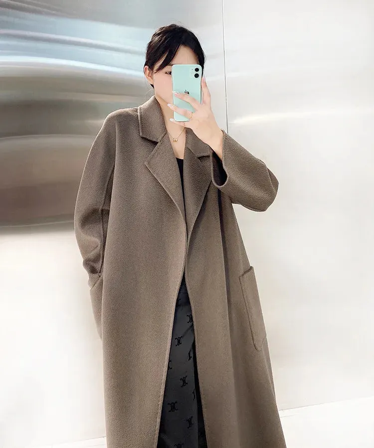 2025 High-End Water Ripple Double-Sided Wool Coat for Women – Long Bathrobe Style