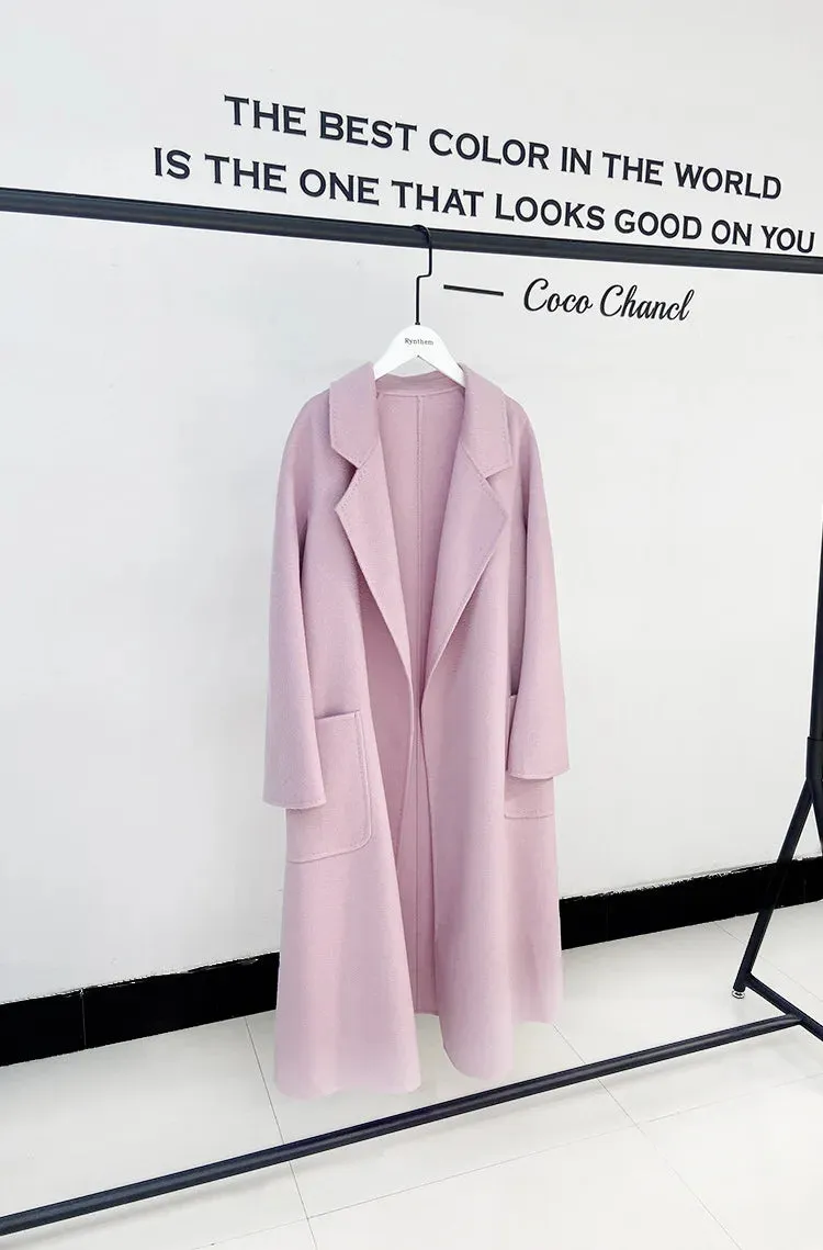 2025 High-End Water Ripple Double-Sided Wool Coat for Women – Long Bathrobe Style