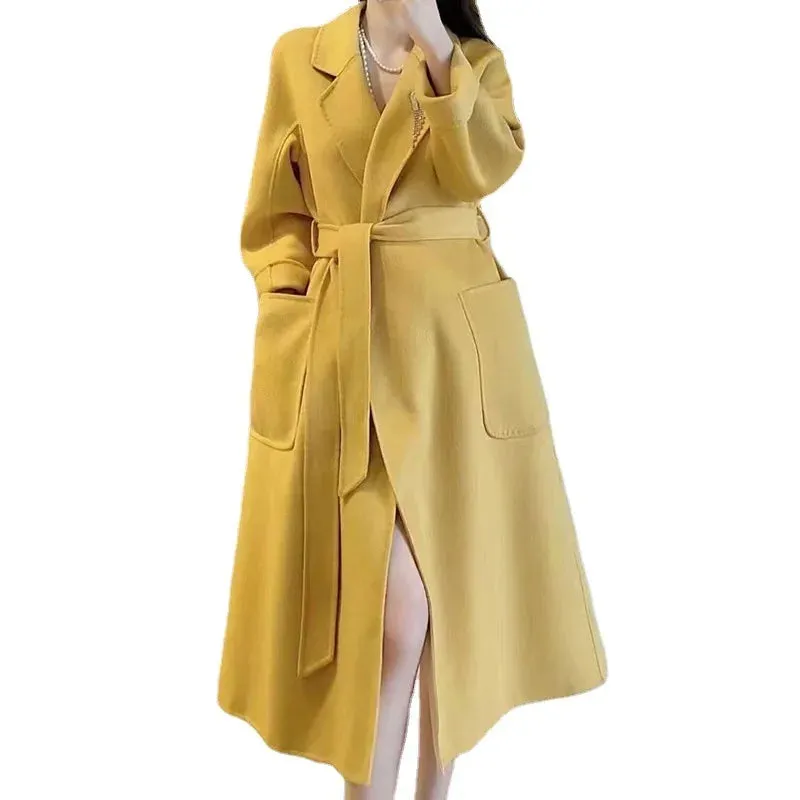 2025 High-End Water Ripple Double-Sided Wool Coat for Women – Long Bathrobe Style