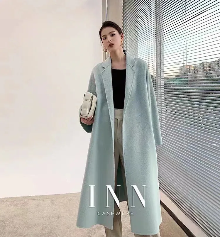 2025 High-End Water Ripple Double-Sided Wool Coat for Women – Long Bathrobe Style