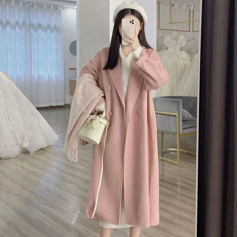 2025 New Winter Lady Baggy Woolen Coat – Mid-Long Thermal Korean Style