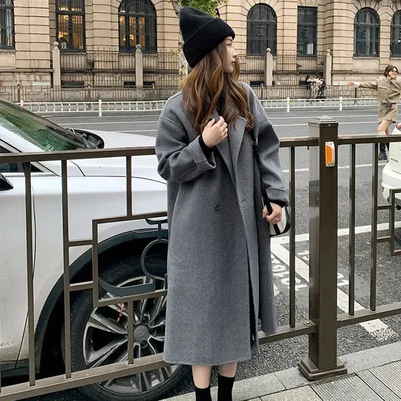 2025 New Winter Lady Baggy Woolen Coat – Mid-Long Thermal Korean Style