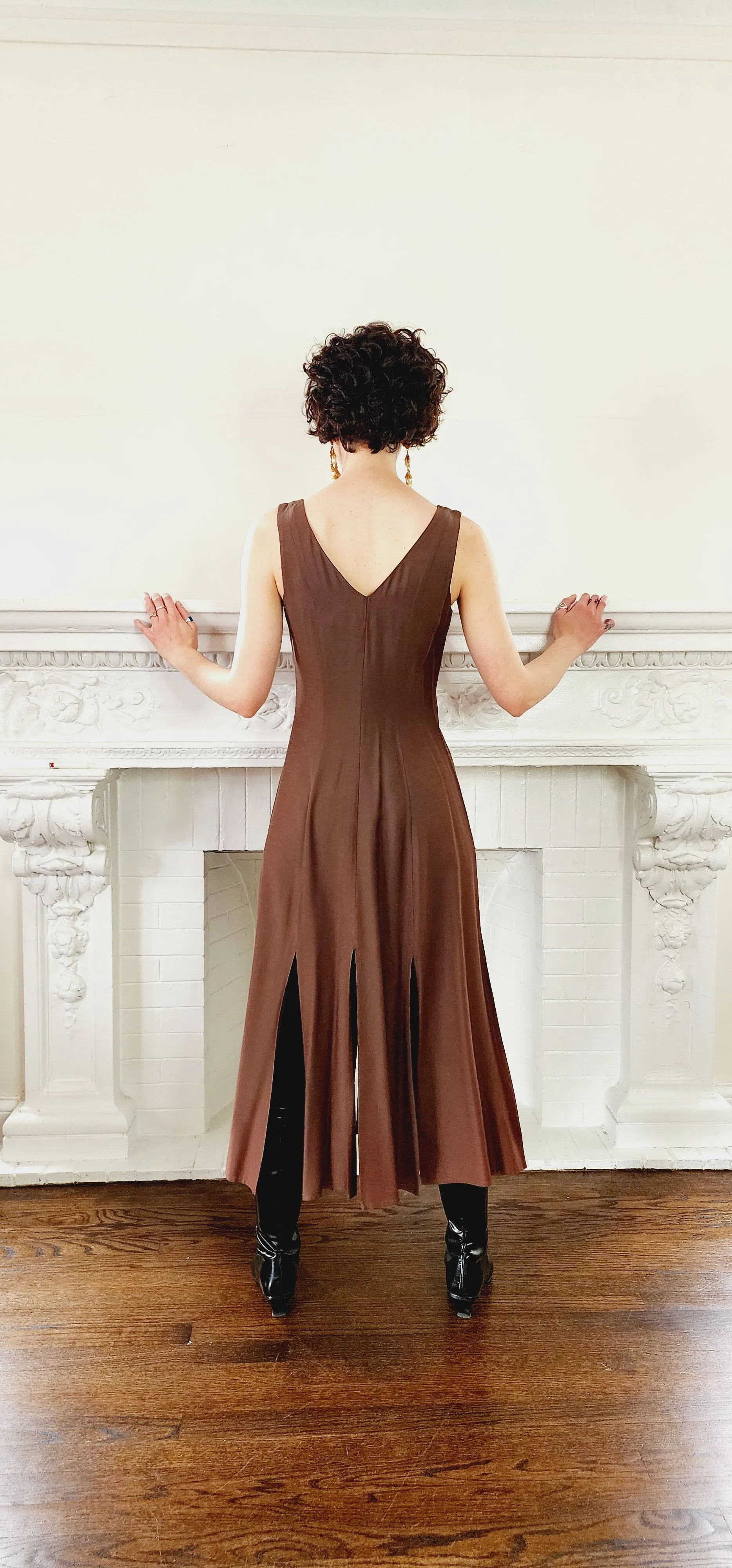 90s Dress Suit by Wild rose in Brown Rayon / Romantic Blazer & Sleeveless Dress Ensemble / M