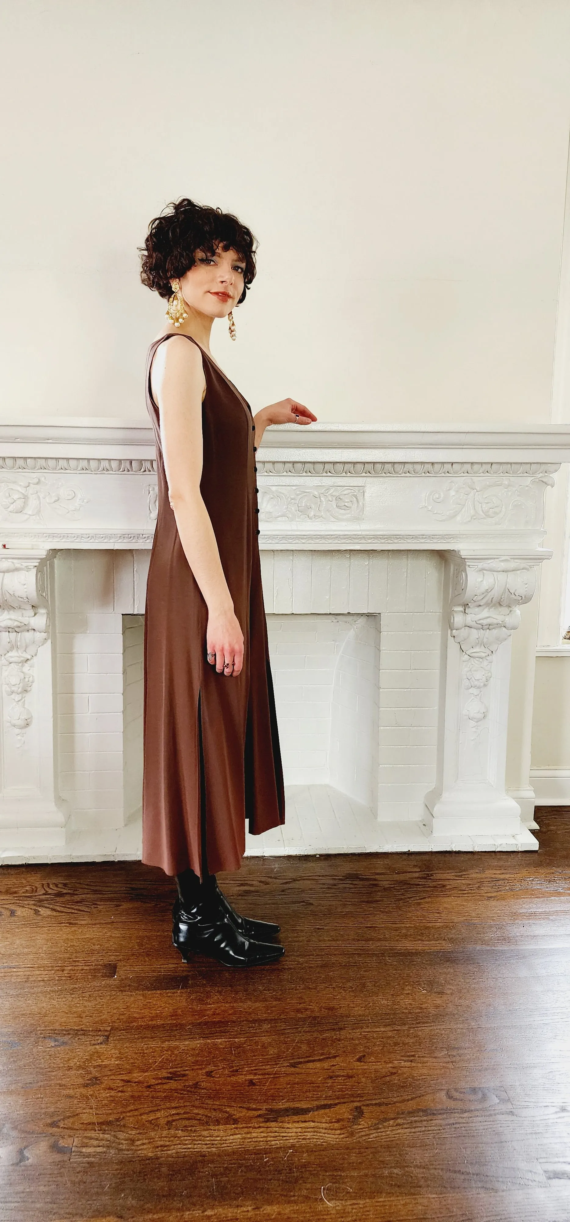 90s Dress Suit by Wild rose in Brown Rayon / Romantic Blazer & Sleeveless Dress Ensemble / M