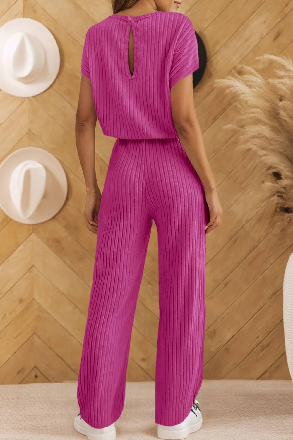 Aapparella - Women Textured Ribbed Short Sleeve Wide Leg Jumpsuit | S-XL