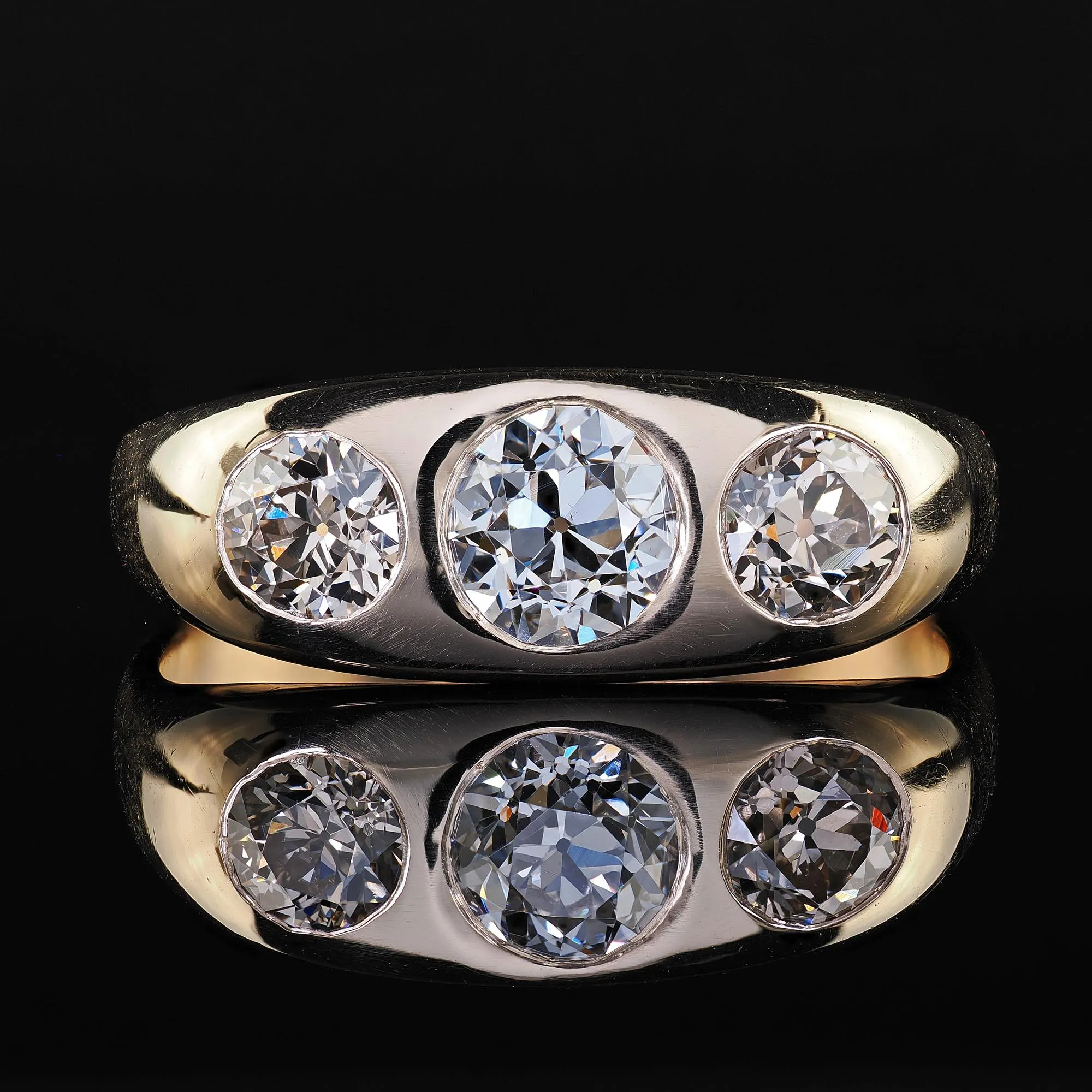 Antique Art Deco 10K Yellow Gold Old European Cut Diamond Three Stone Gypsy Ring - GIA