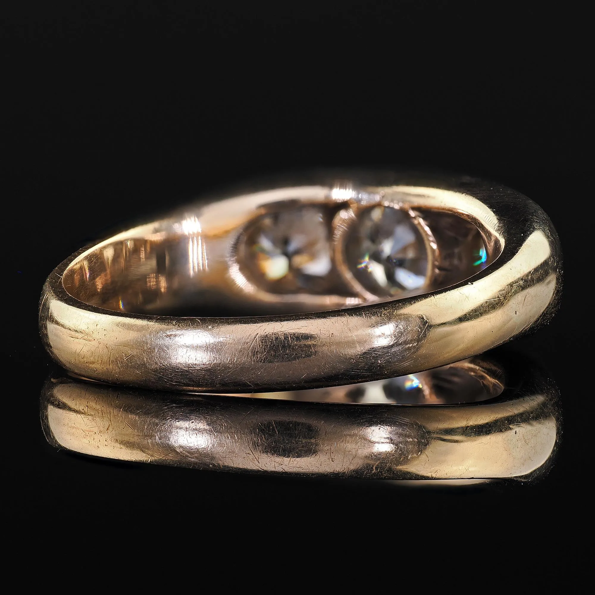 Antique Art Deco 10K Yellow Gold Old European Cut Diamond Three Stone Gypsy Ring - GIA