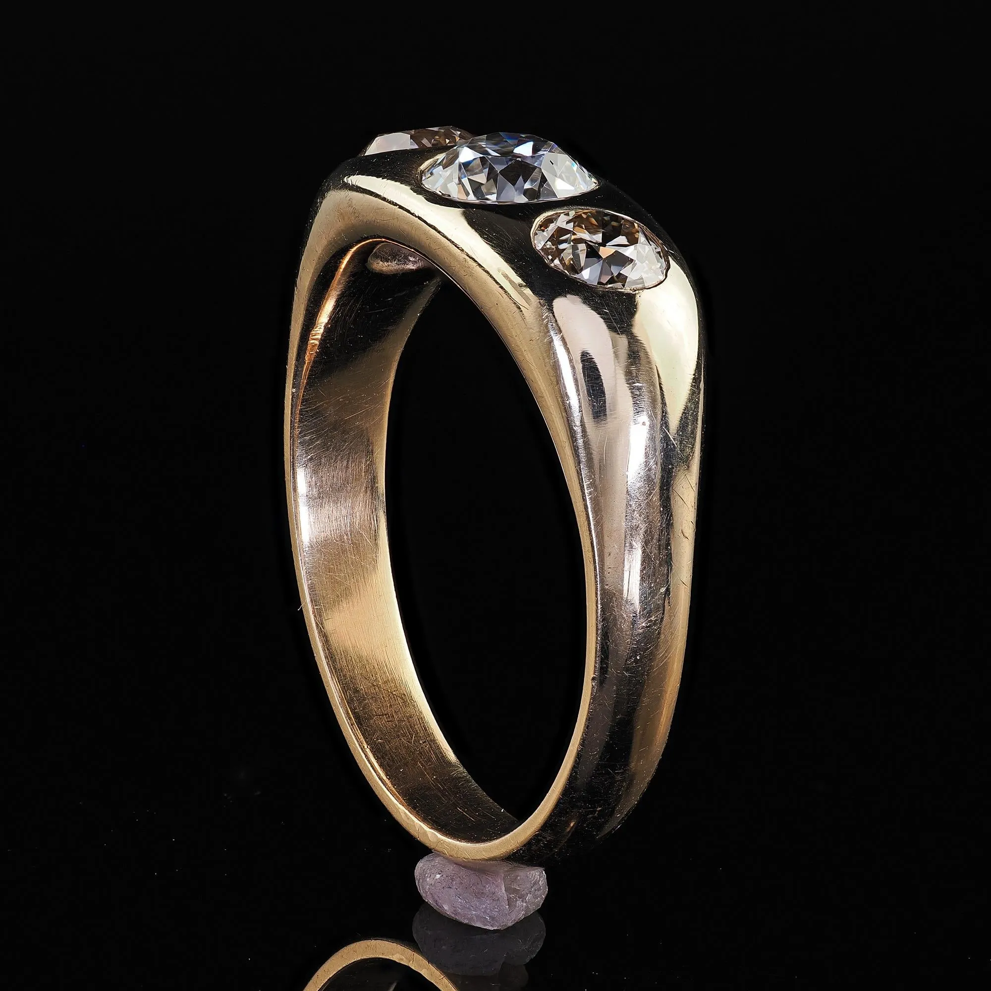 Antique Art Deco 10K Yellow Gold Old European Cut Diamond Three Stone Gypsy Ring - GIA