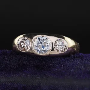 Antique Art Deco 10K Yellow Gold Old European Cut Diamond Three Stone Gypsy Ring - GIA