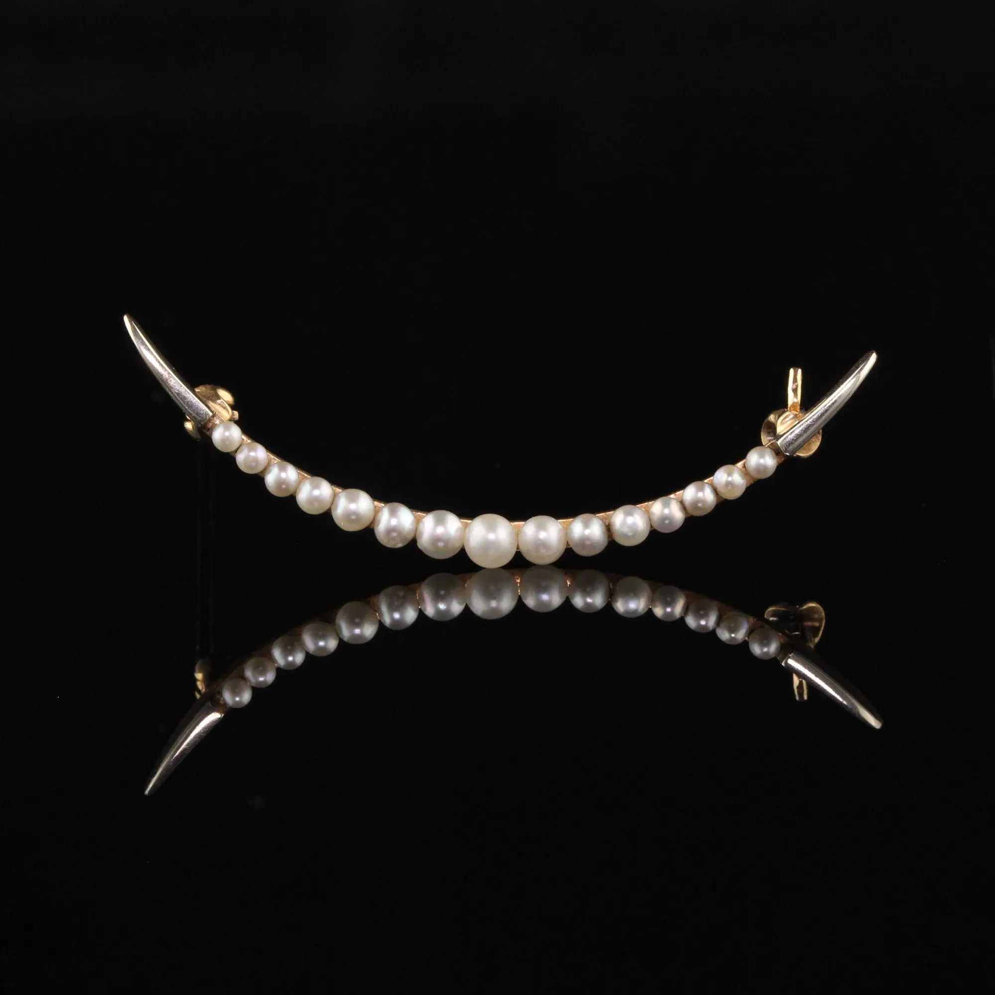 Antique Art Deco 14K Yellow Gold Natural Pearl Crescent Pin