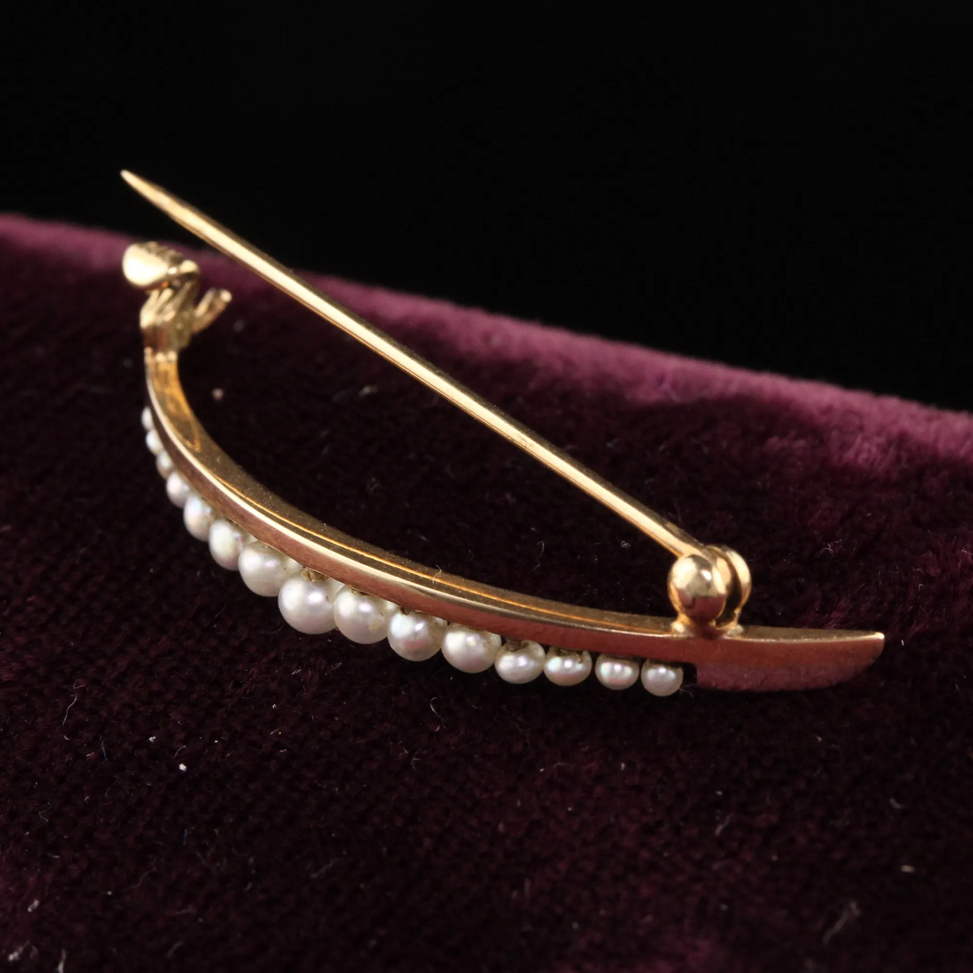 Antique Art Deco 14K Yellow Gold Natural Pearl Crescent Pin