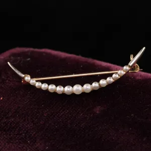 Antique Art Deco 14K Yellow Gold Natural Pearl Crescent Pin