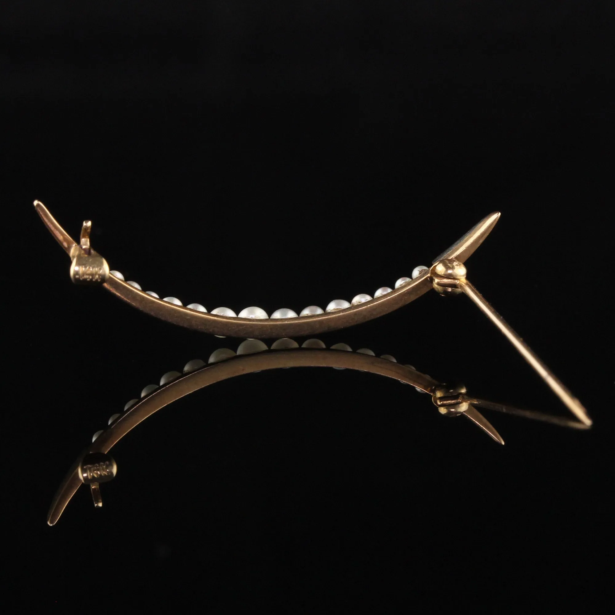 Antique Art Deco 14K Yellow Gold Natural Pearl Crescent Pin