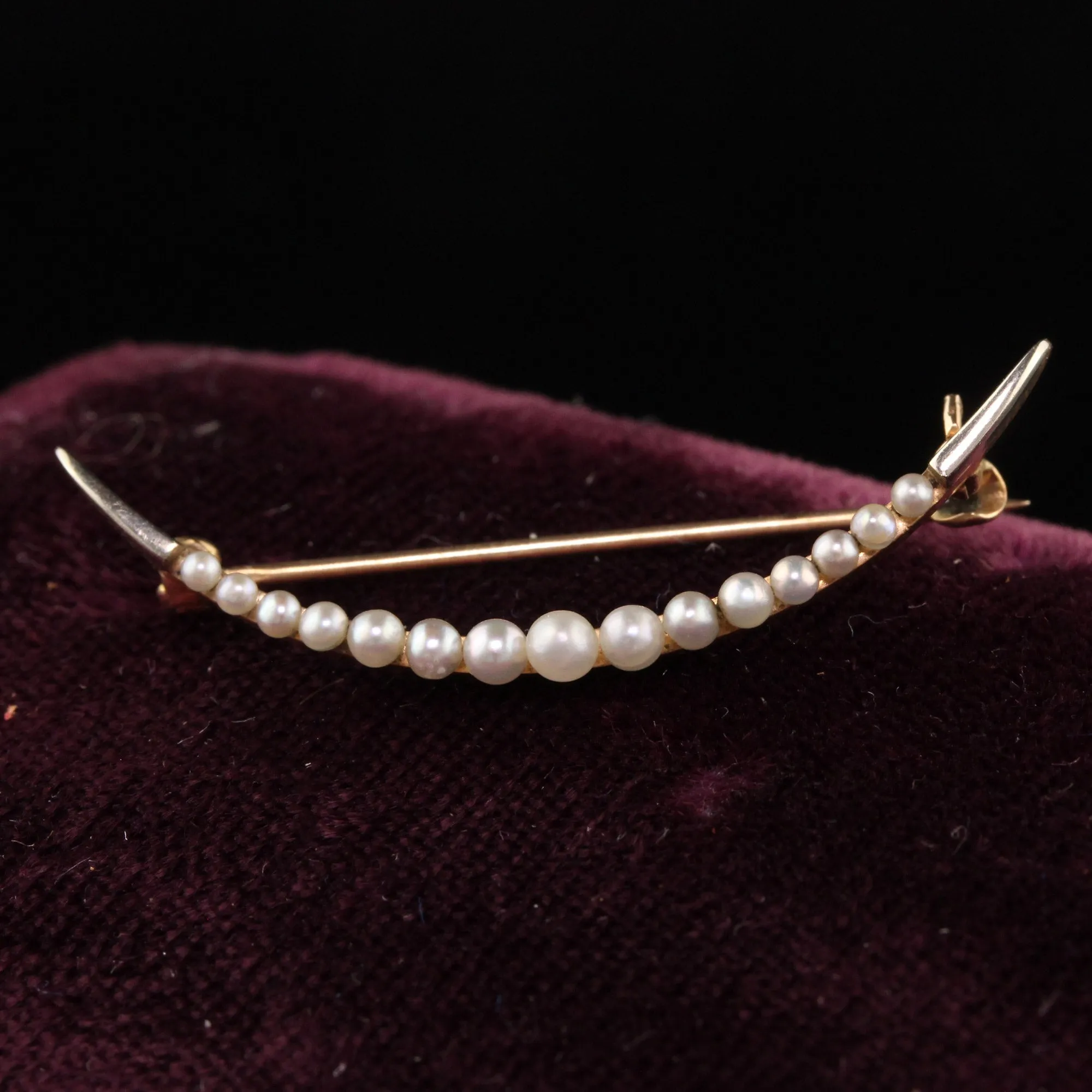 Antique Art Deco 14K Yellow Gold Natural Pearl Crescent Pin