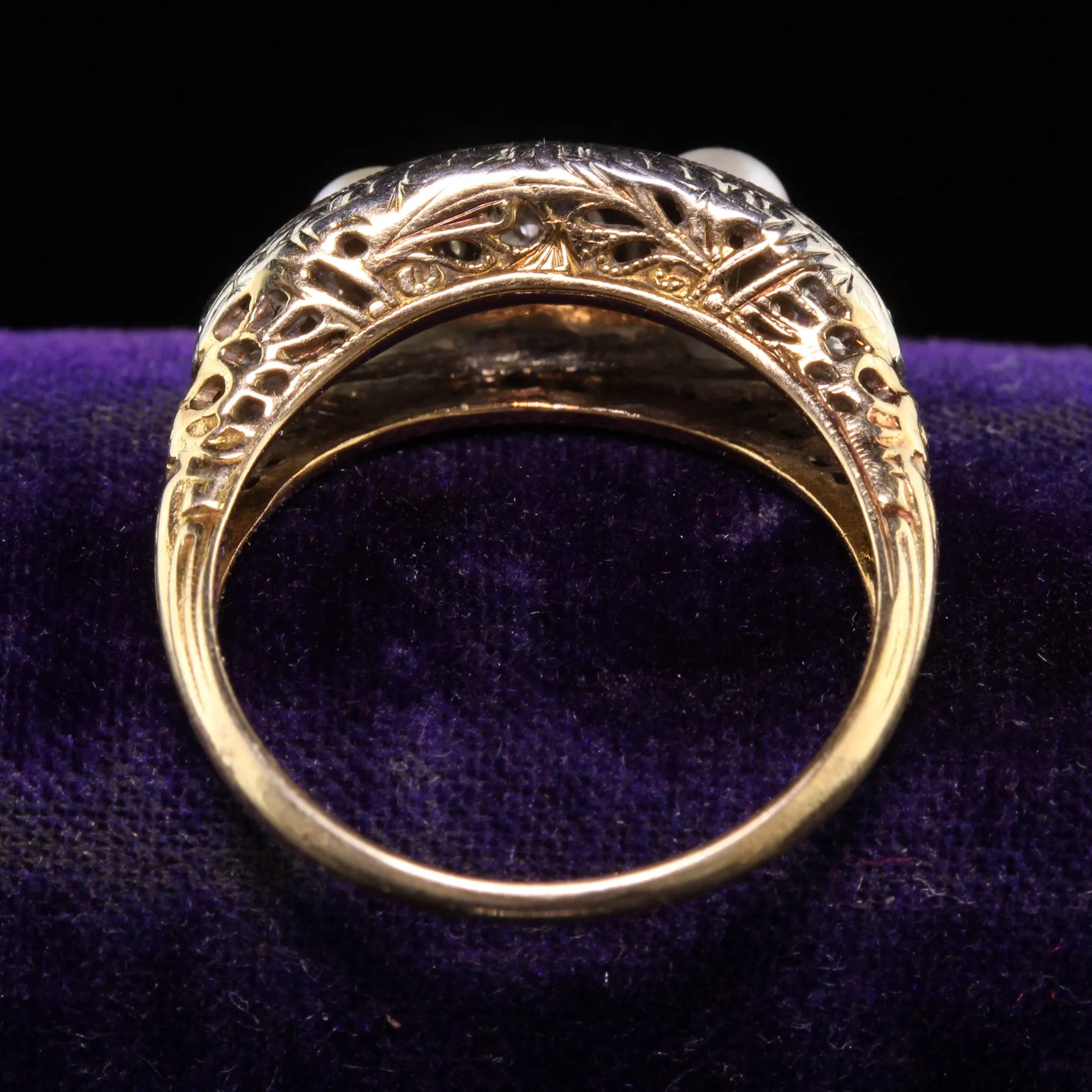 Antique Art Deco 18K White Gold & 14K Yellow Gold Diamond Natural Pearl Five Stone Band Ring